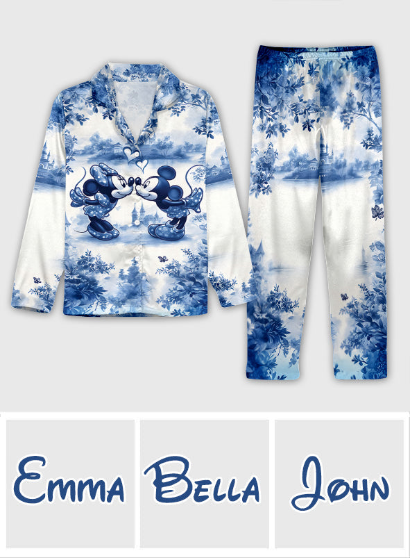 Classic Blue & White Mouse Couple - Personalized Mouse Button Down Pajamas