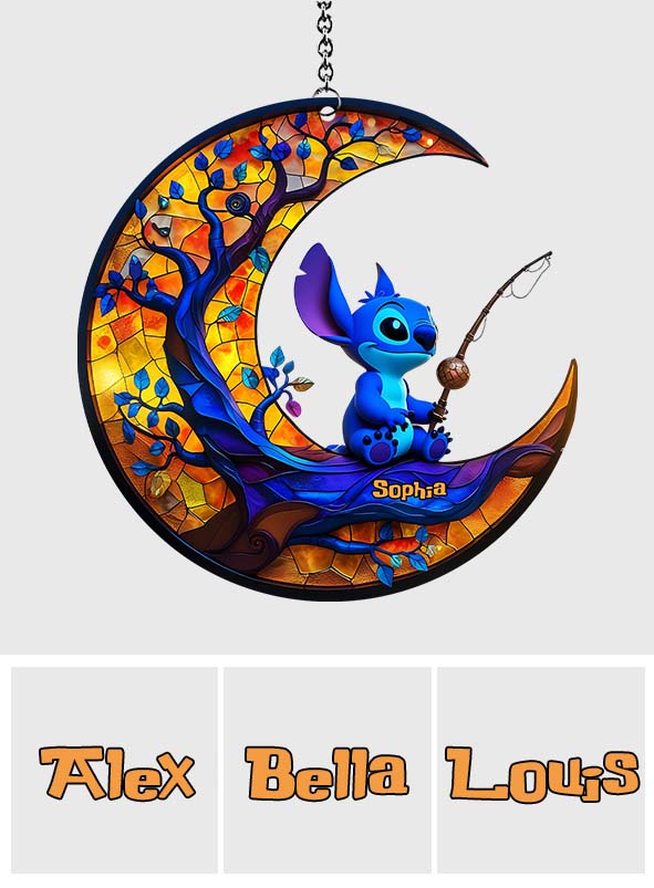 Monster Fishing on The Moon - Personalized Ohana Window Hanging Suncatcher Ornament