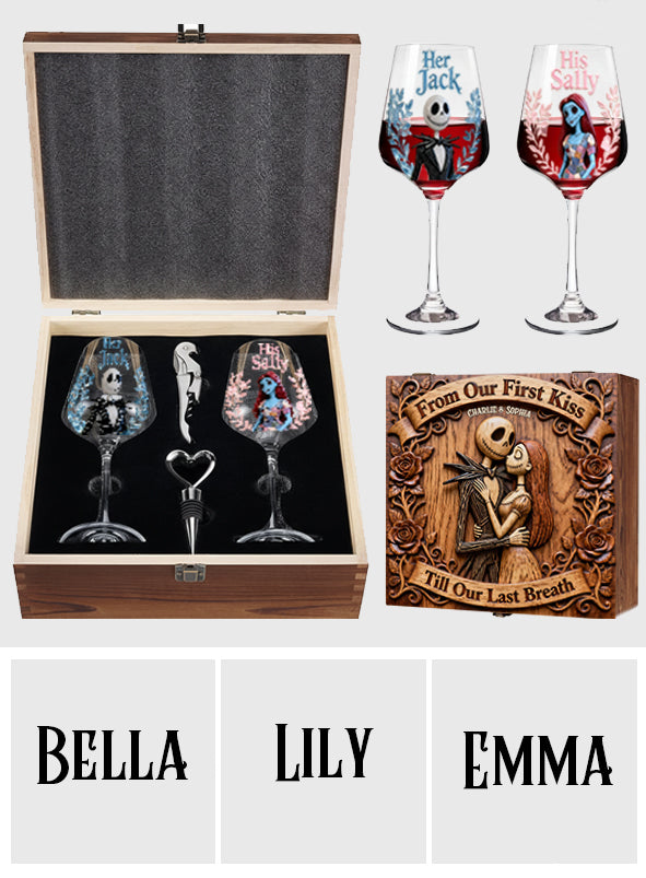 From Our First Kiss - Personalized Nightmare Wine Glasses Set With Wooden Box