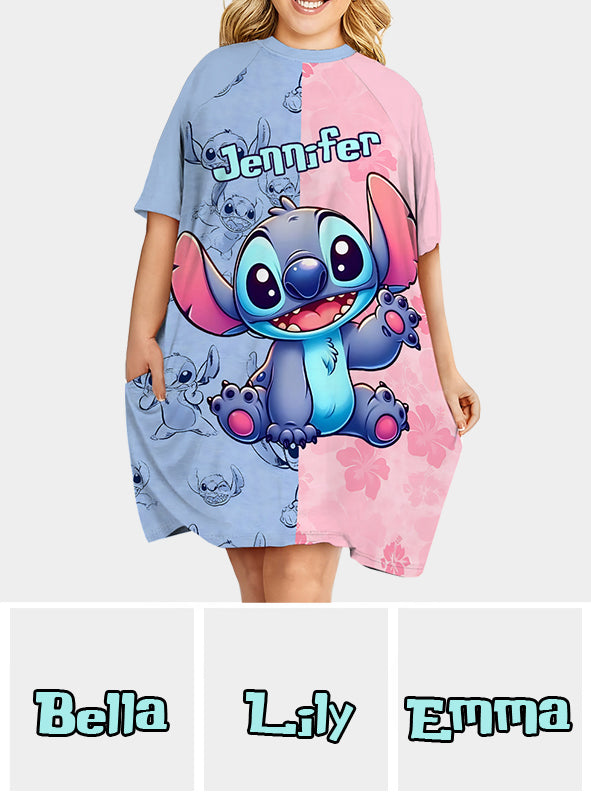 Pink And Blue Ohana - Personalized Ohana Sleep T-shirt Dress