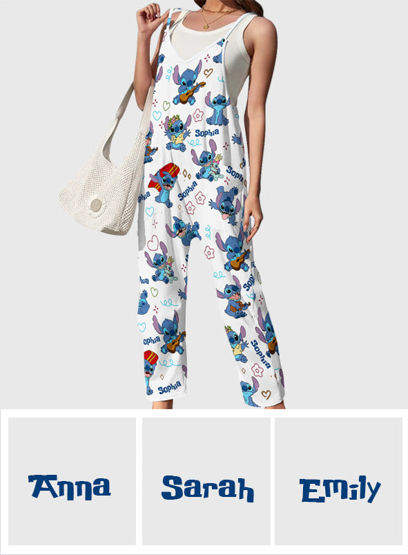 Ohana Alien - Sleeveless Drawstring Jumpsuit With Pockets - Personalized Ohana Loose-Fit Overalls/ Rompers