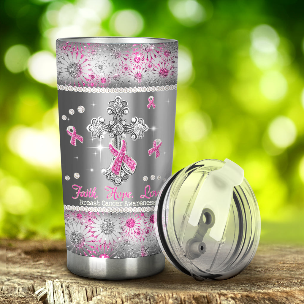 Faith Hope Love - Breast Cancer Awareness Tumbler With Faux Glitter Print 0622