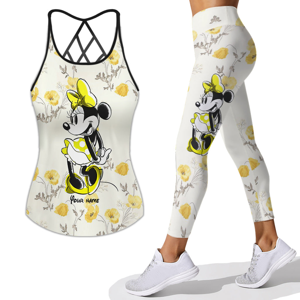 Yellow Floral - Personalized Mouse Cross Tank Top and Leggings
