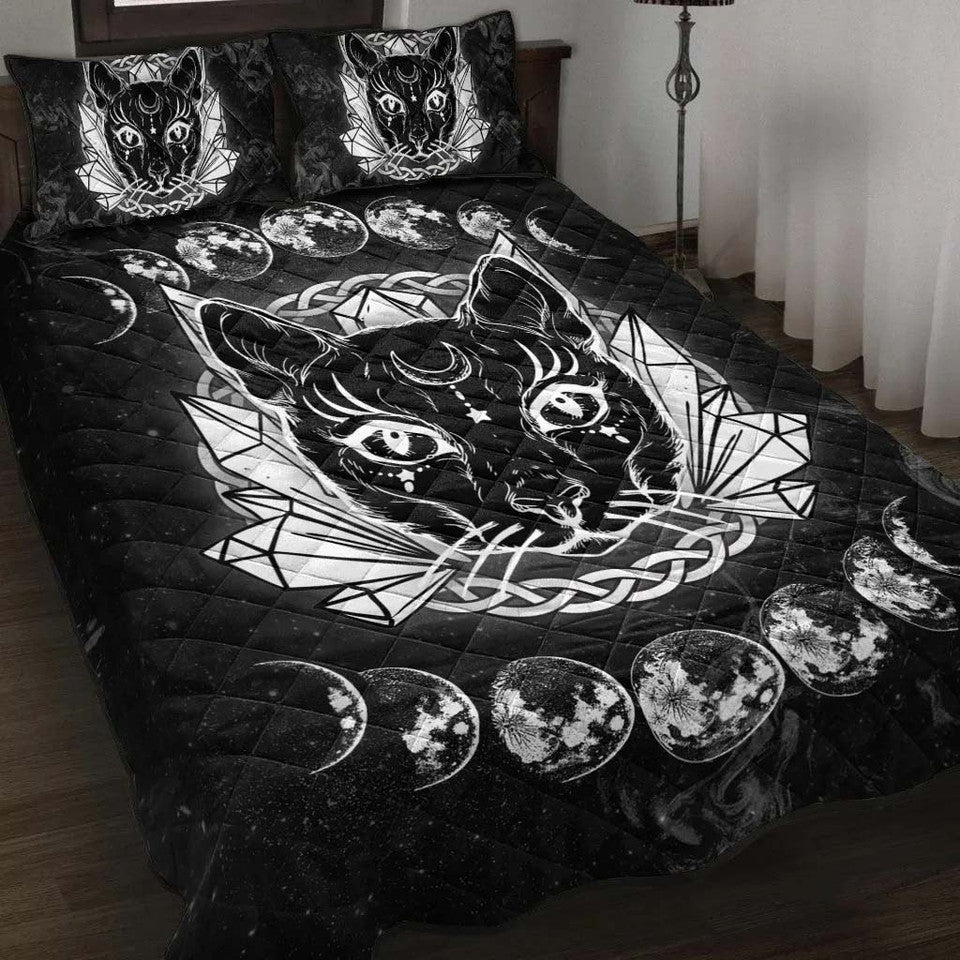 Celtic Wicca Wiccan Occult Black Cat - Witch Quilt Set 0822