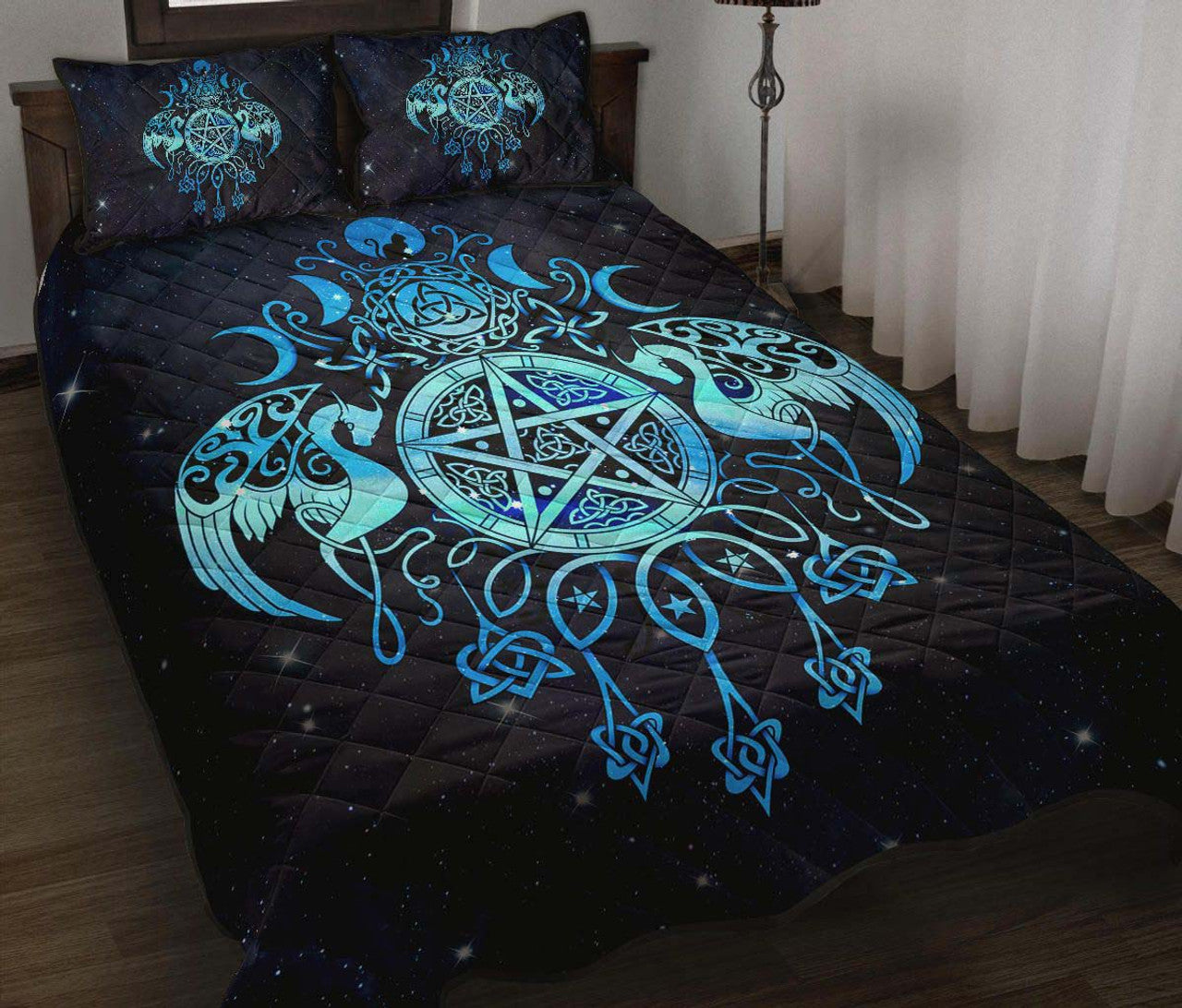 Celtic Wiccan Wicca Pentacle Starry Night - Witch Quilt Set 0822