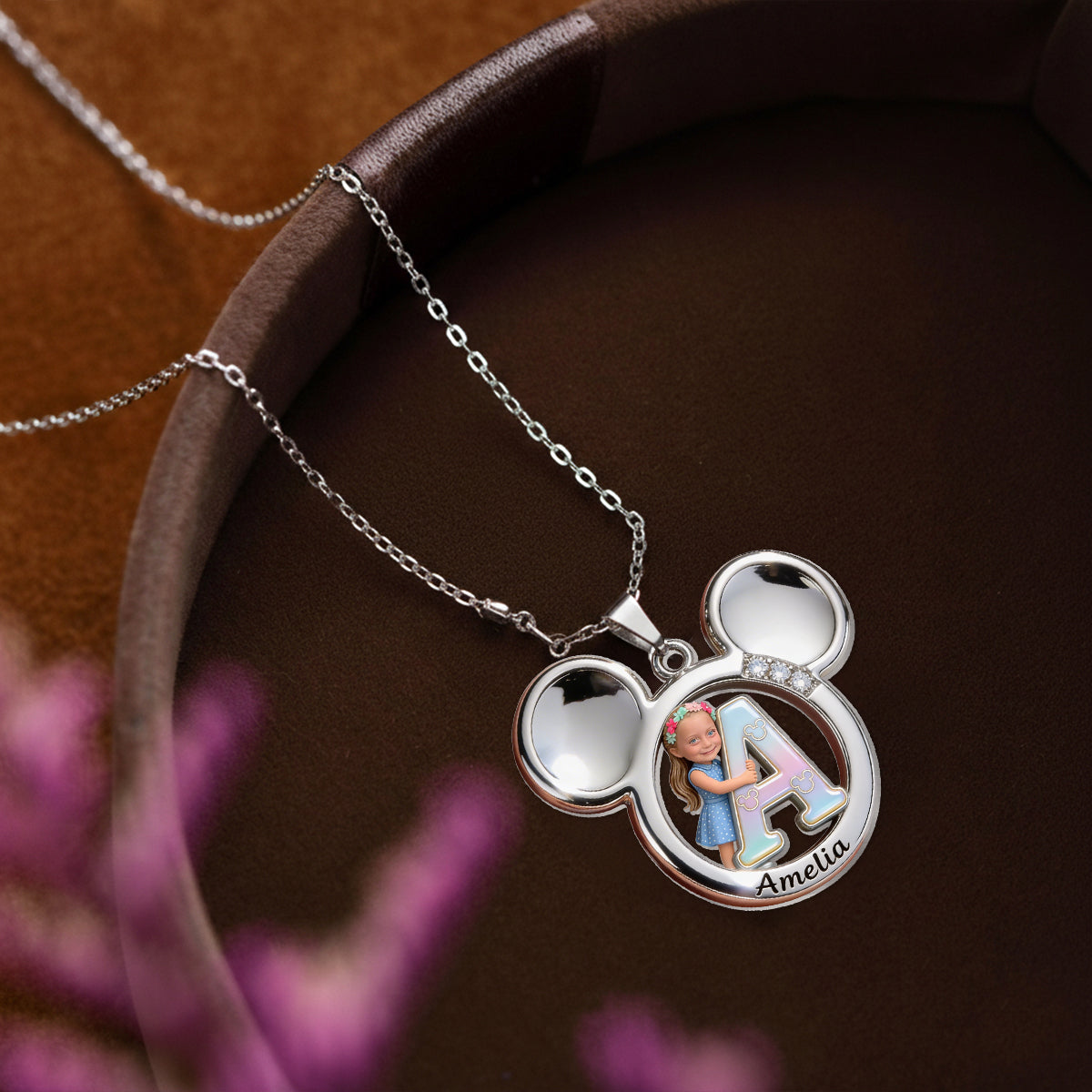 Big Ears Mouse Shape - Custom From Photo & Alphabet - Personalized Mouse Shaped Metal Pendant Necklace