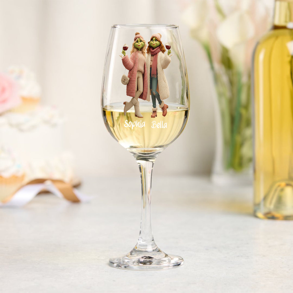 Besties Another Year Together - Personalized Stole Christmas Wine Glass With Long Stem