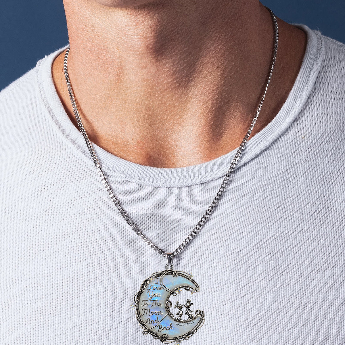 I Love You To The Moon And Back, Moonstone Styled Mouse Couple - Personalized Mouse Custom Shaped Pendant Necklace