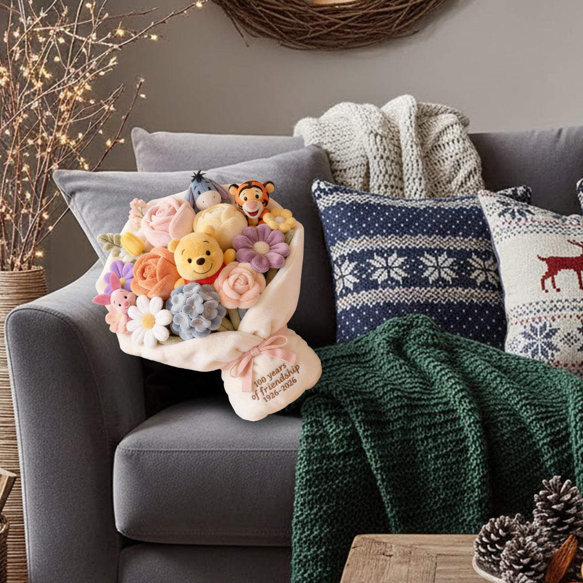 100 Years Of Friendship Bouquet - Personalized Yellow Bear Faux Fur Shaped Pillow
