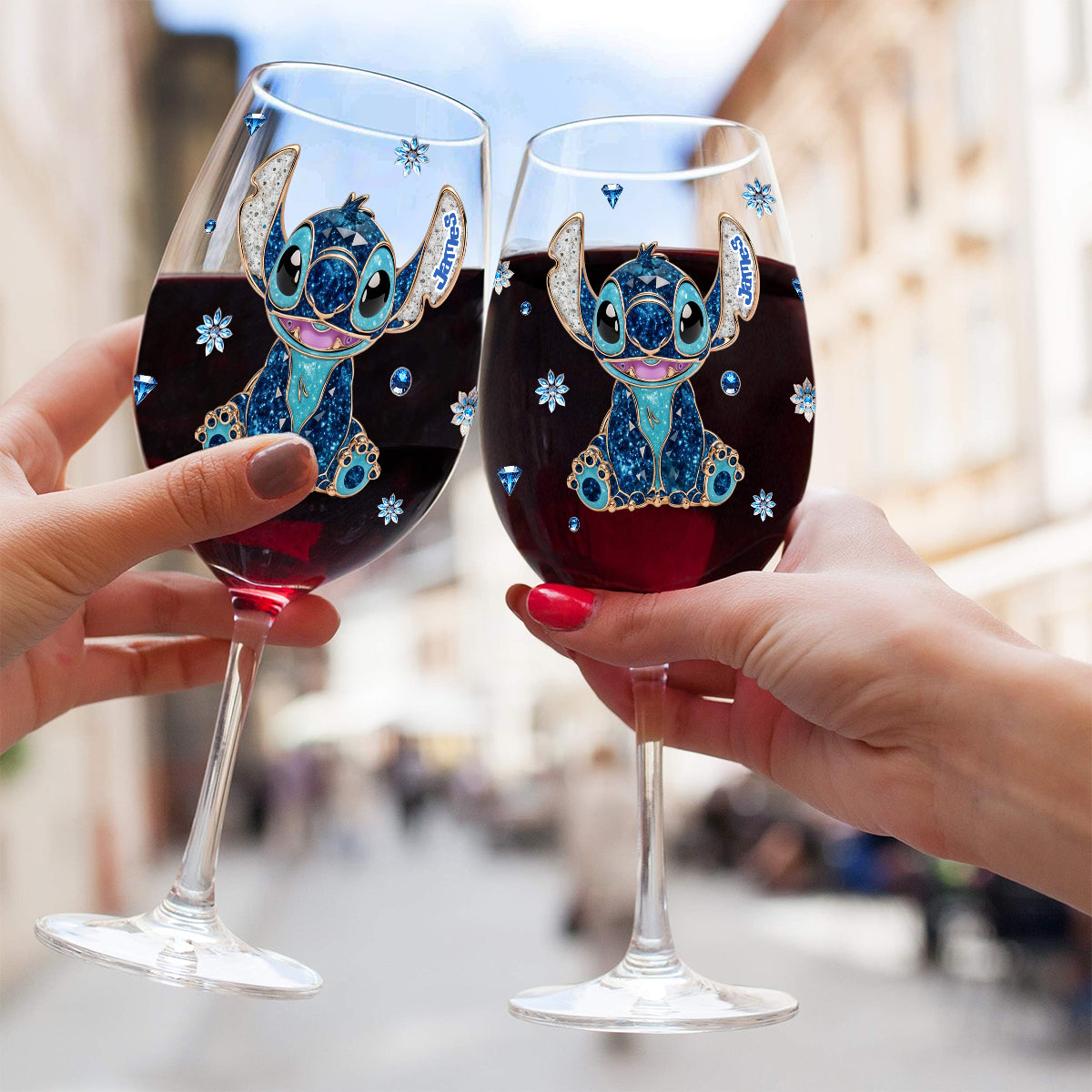 Blue And Pink Ohana - Personalized Ohana Wine Glass With Long Stem