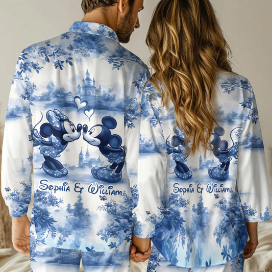 Classic Blue & White Mouse Couple - Personalized Mouse Button Down Pajamas
