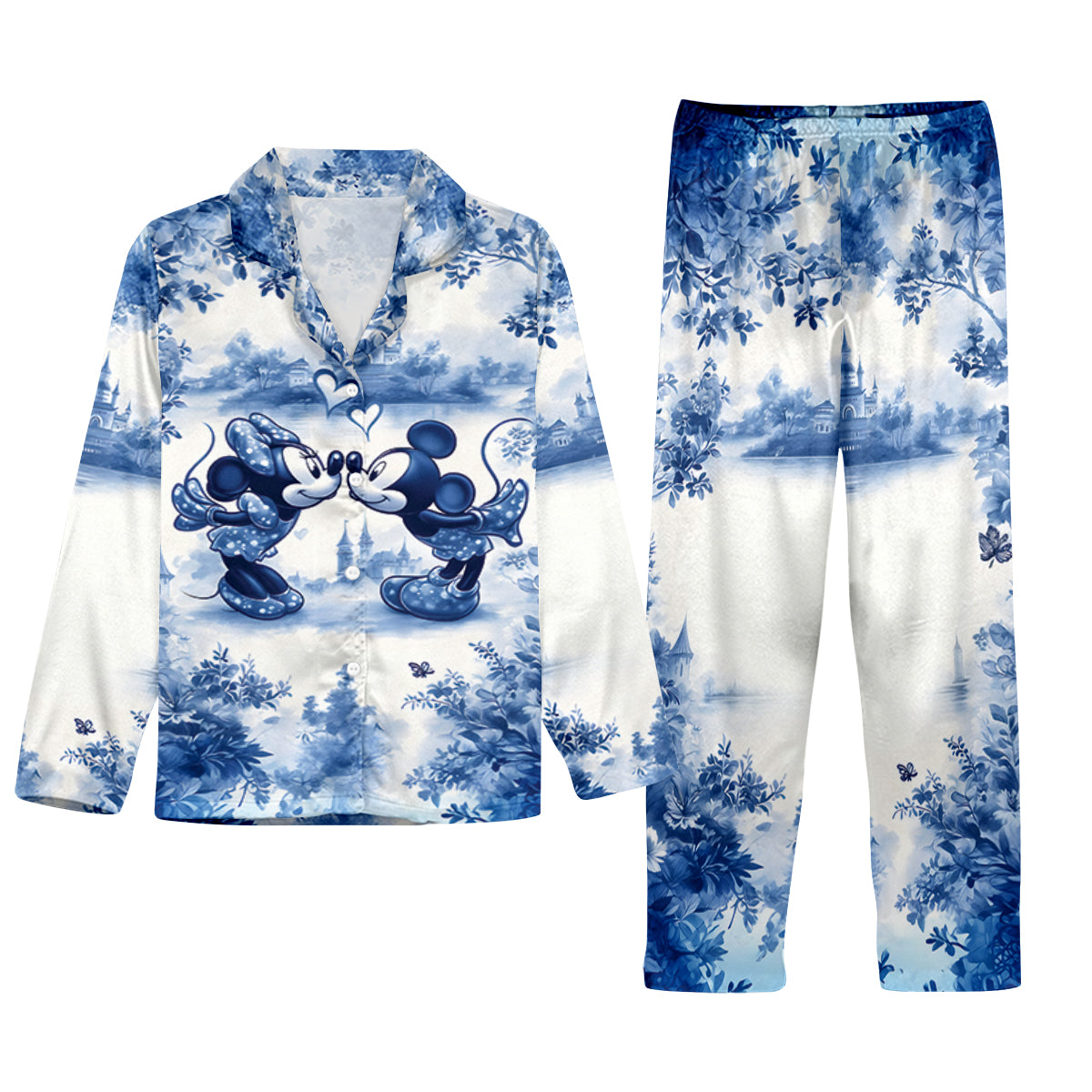 Classic Blue & White Mouse Couple - Personalized Mouse Button Down Pajamas