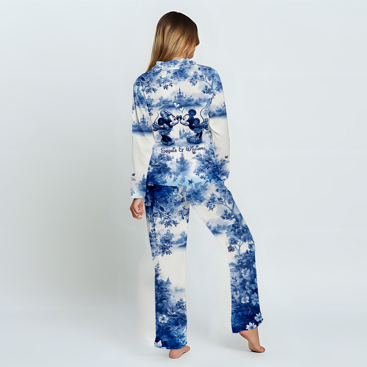 Classic Blue & White Mouse Couple - Personalized Mouse Button Down Pajamas