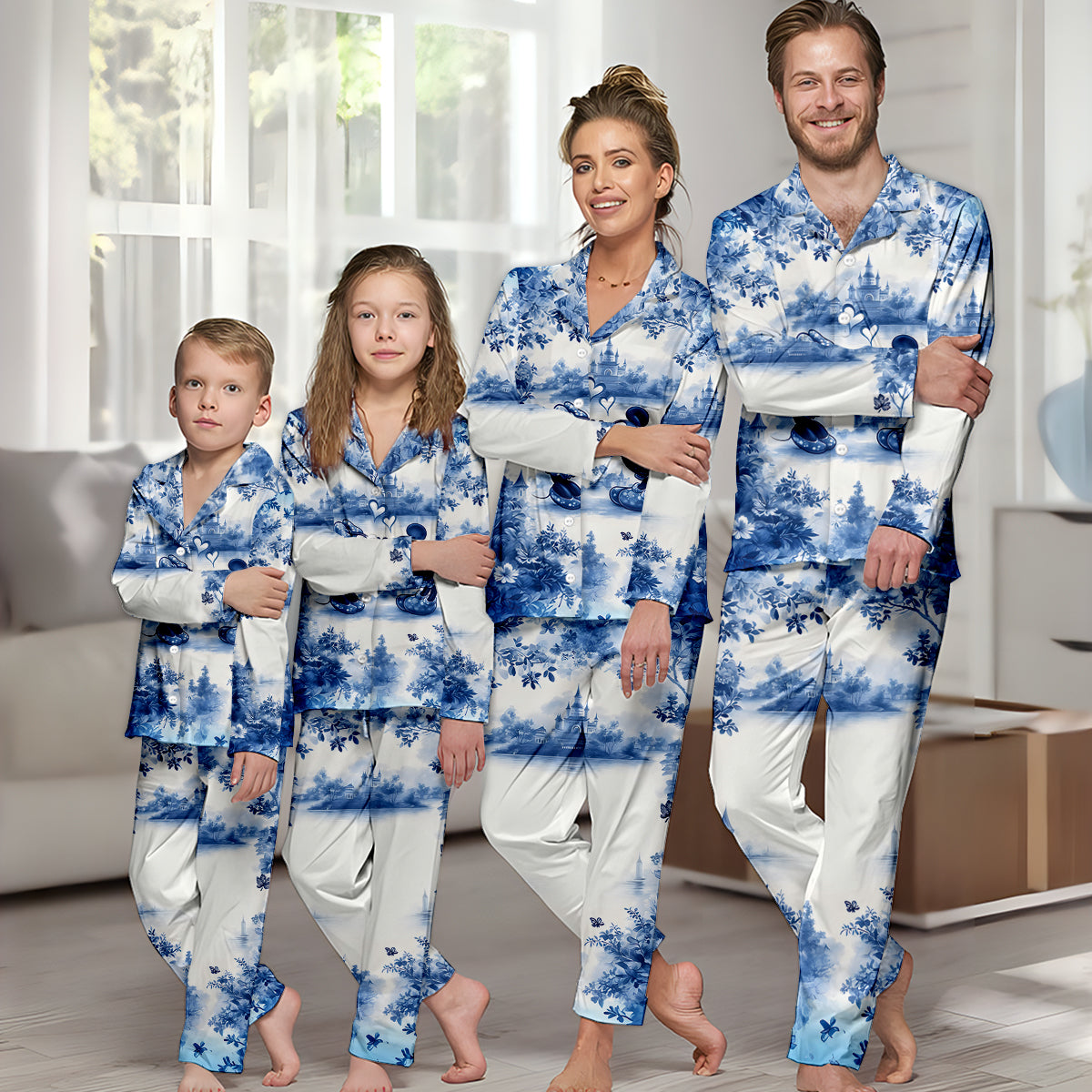 Classic Blue & White Mouse Couple - Personalized Mouse Button Down Pajamas