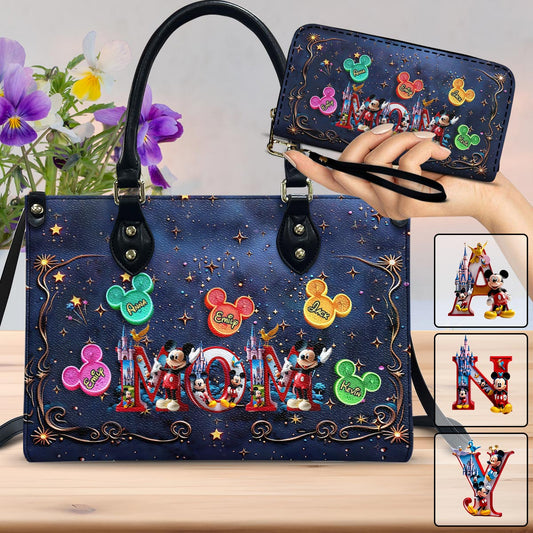 Magical Mama Nana Alphabet - Personalized Mouse Leather Handbag & Leather Long Wallet
