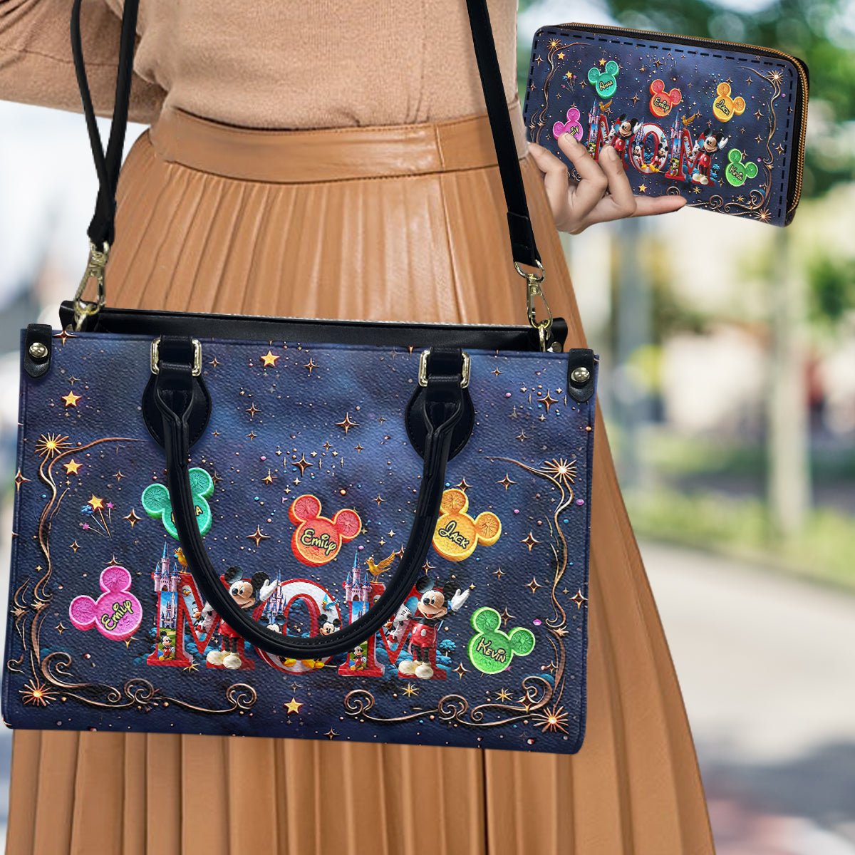 Magical Mama Nana Alphabet - Personalized Mouse Leather Handbag & Leather Long Wallet