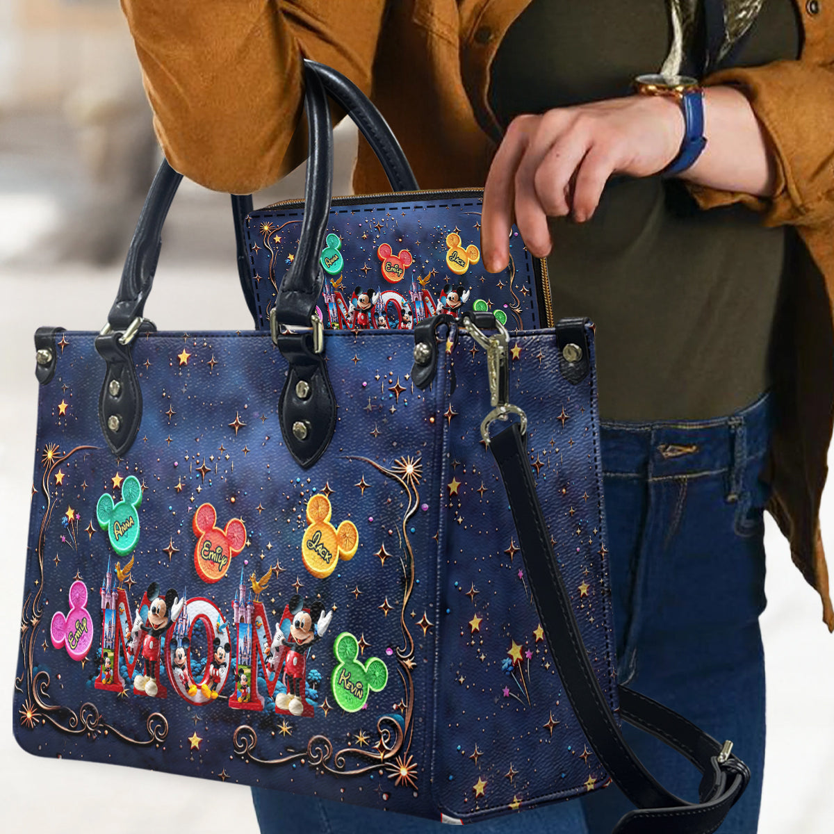 Magical Mama Nana Alphabet - Personalized Mouse Leather Handbag & Leather Long Wallet