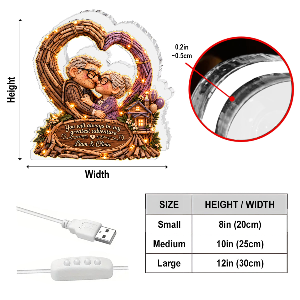 Old Couple Heart - Personalized Up Movie Couple Acrylic LED Night Light
