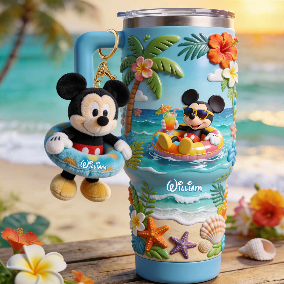 Summer Vibes Mouse Ears - Personalized Mouse Tumbler With Plush Charm