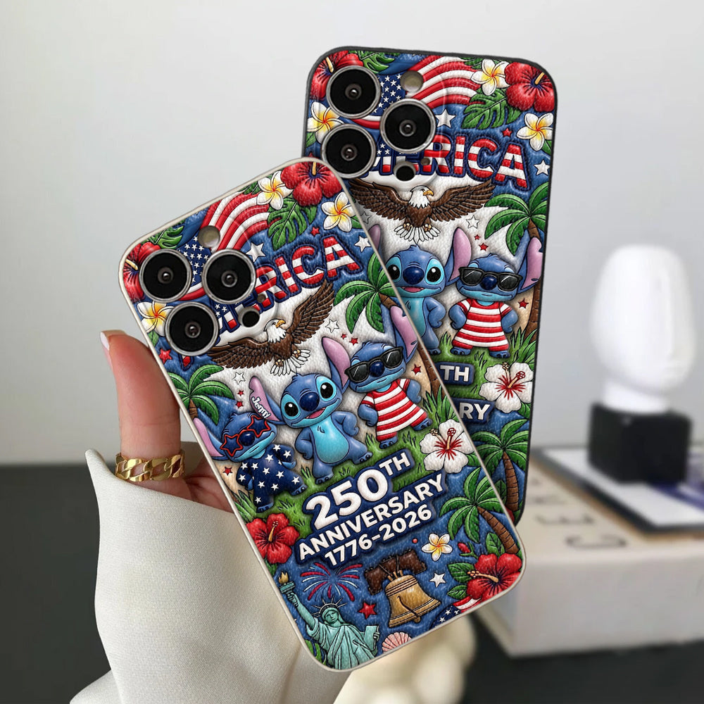 Cute Blue Alien USA 250th Anniversary - Personalized Ohana 3D Embossed Leather Phone Case