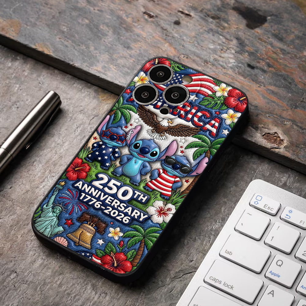 Cute Blue Alien USA 250th Anniversary - Personalized Ohana 3D Embossed Leather Phone Case
