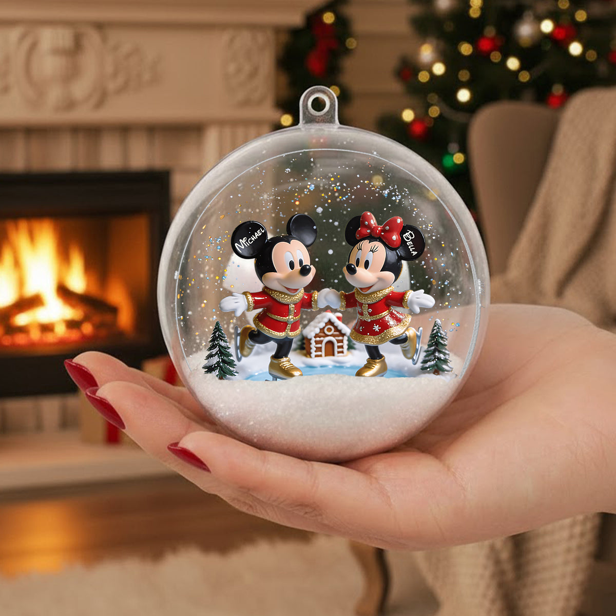 Merry Christmas - Personalized Mouse Snow Globe Ornament With Bow