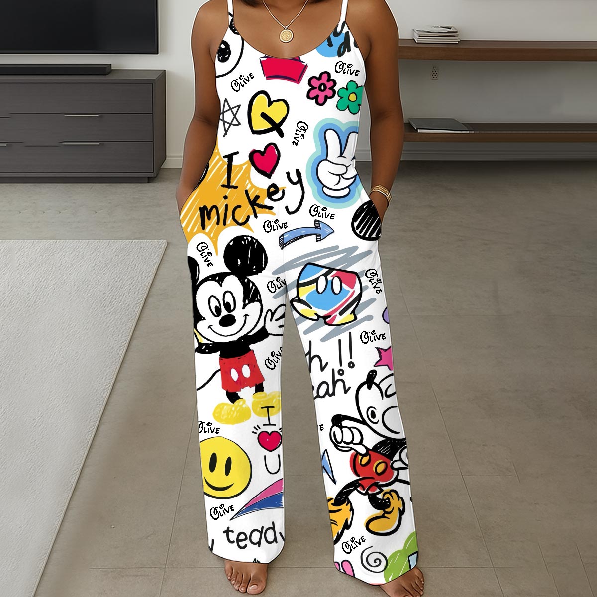 Magical Moment - Sleeveless Drawstring Jumpsuit with Pockets - Personalized Mouse Loose-Fit Overalls/ Rompers
