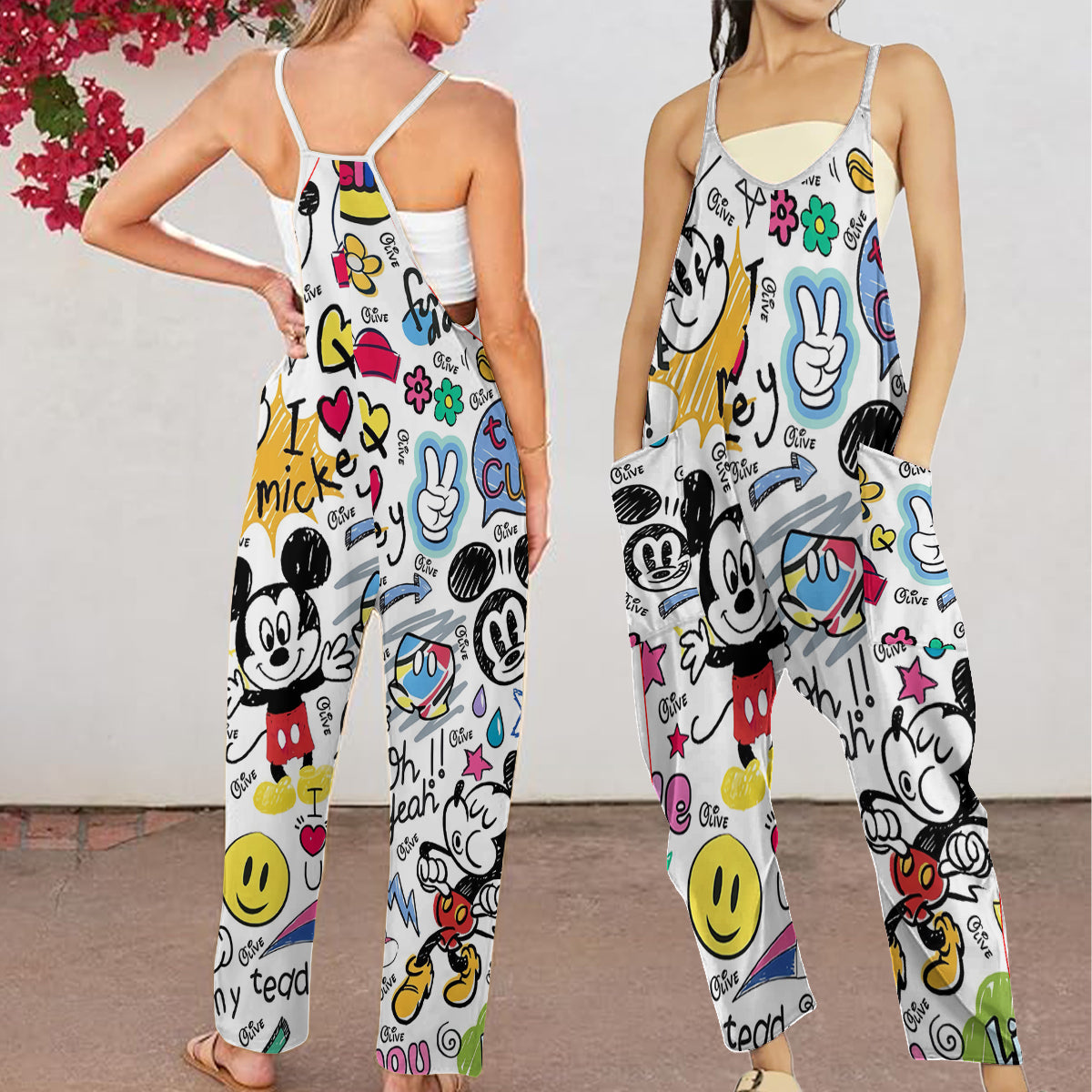 Magical Moment - Sleeveless Drawstring Jumpsuit with Pockets - Personalized Mouse Loose-Fit Overalls/ Rompers