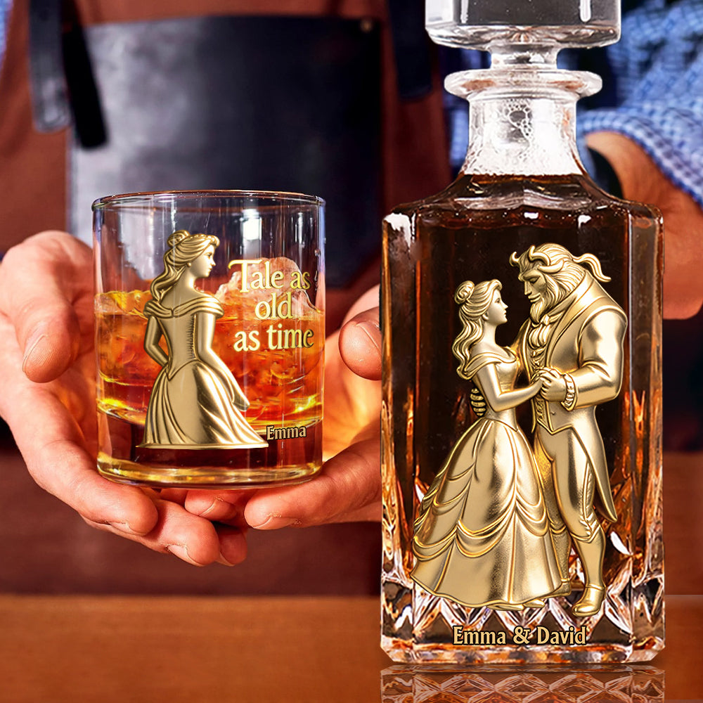 Fairy Tale Romantic Tale As Old As Time - Personalized Beauty And The Beast Whiskey Decanter Set