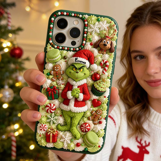 Christmas Green Character - Personalized Stole Christmas 3D Embossed Leather Phone Case