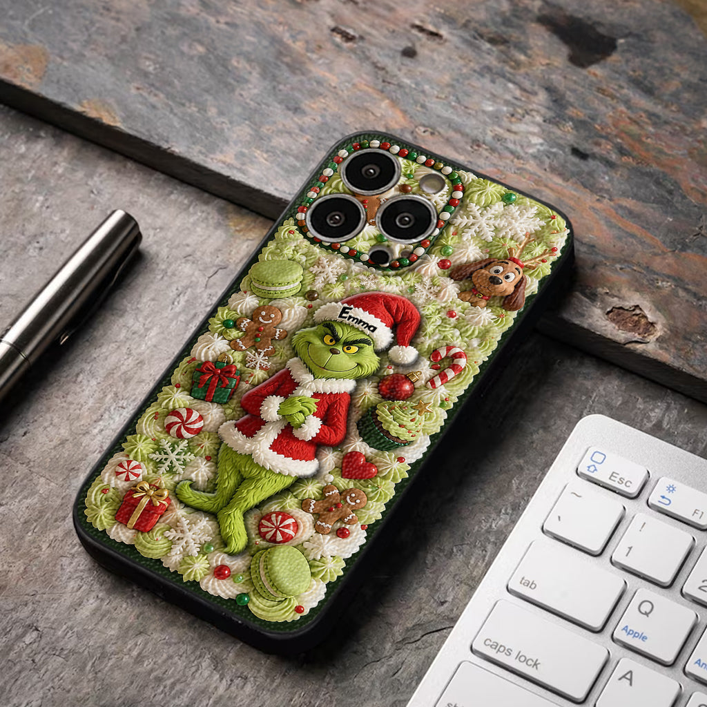 Christmas Green Character - Personalized Stole Christmas 3D Embossed Leather Phone Case