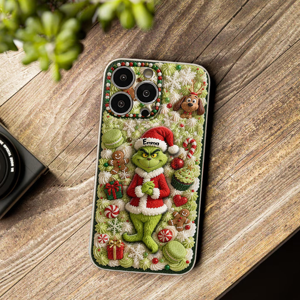 Christmas Green Character - Personalized Stole Christmas 3D Embossed Leather Phone Case