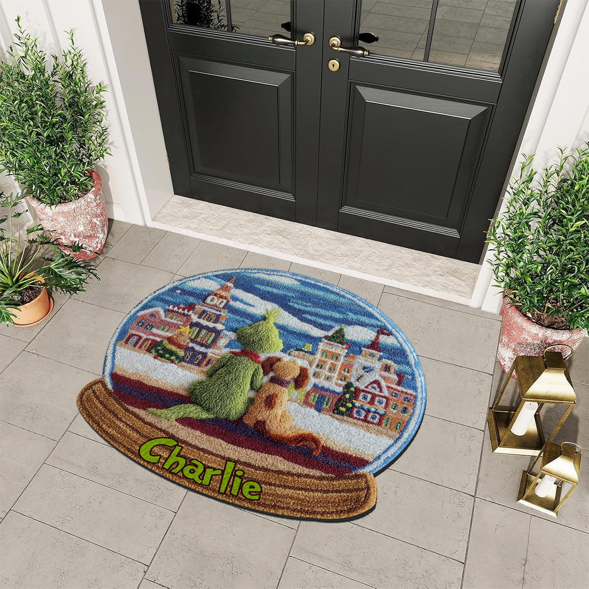 Green Monster With Dog - Personalized Stole Christmas Non-Slip Tufted Rug