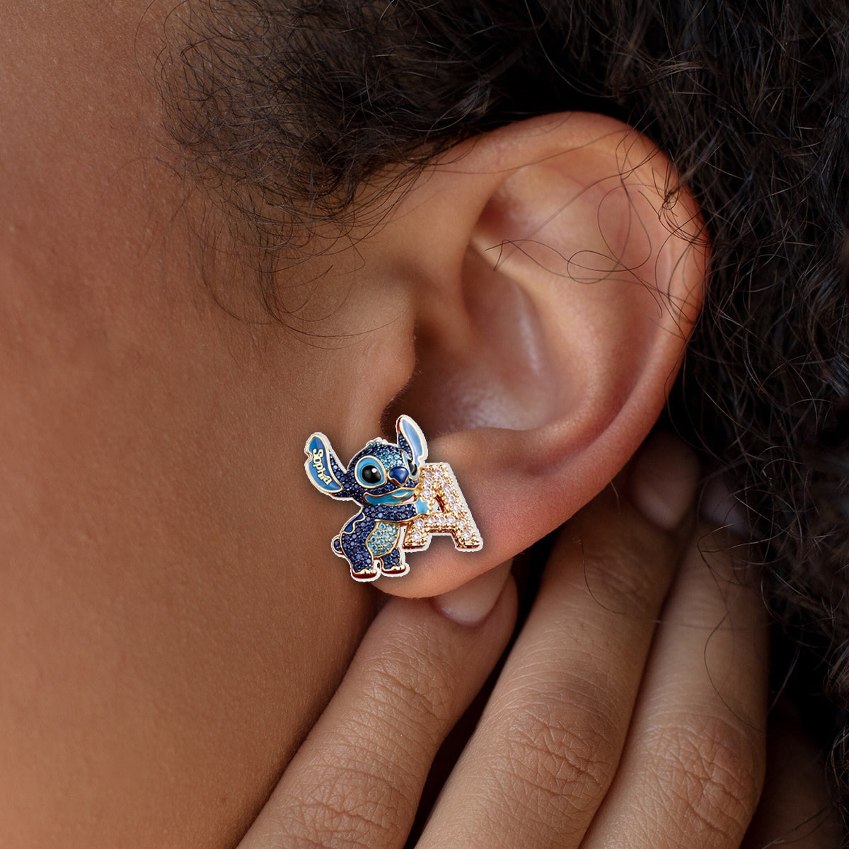 Cute Blue Alien With Letter - Personalized Ohana Stud Earrings