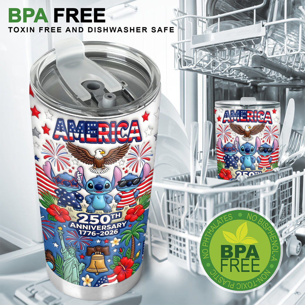 Cute Blue Alien Cartoon USA 250th Anniversary - Personalized Ohana Tumbler With Gift Box