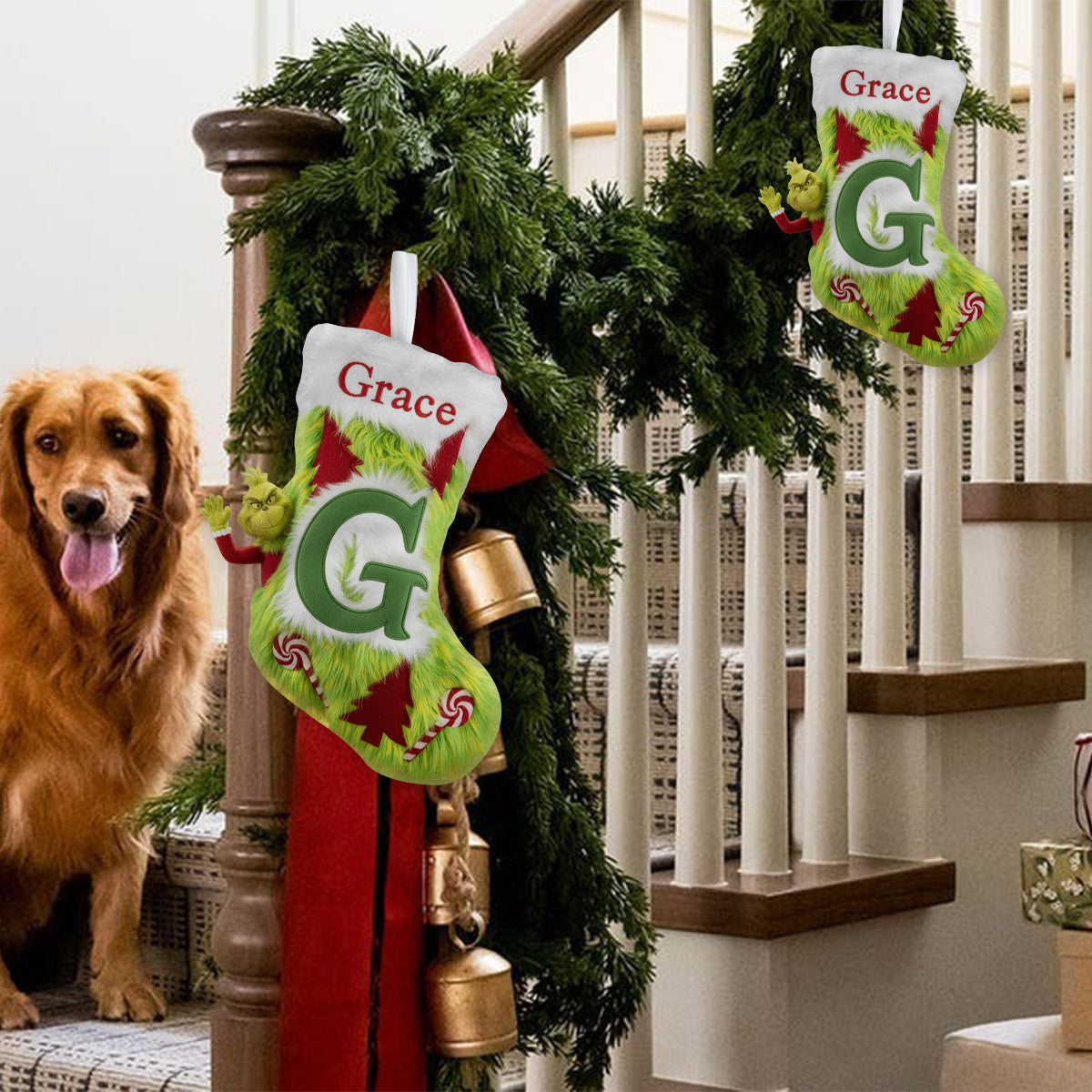 Green Furry - Personalized Stole Christmas Shaped Christmas Stocking