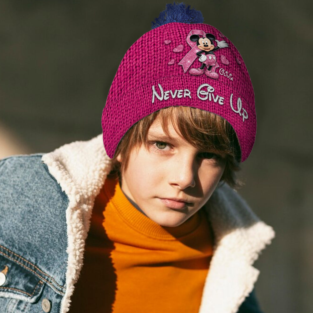 Never Give Up - Personalized Breast Cancer Awareness Beanie Hat