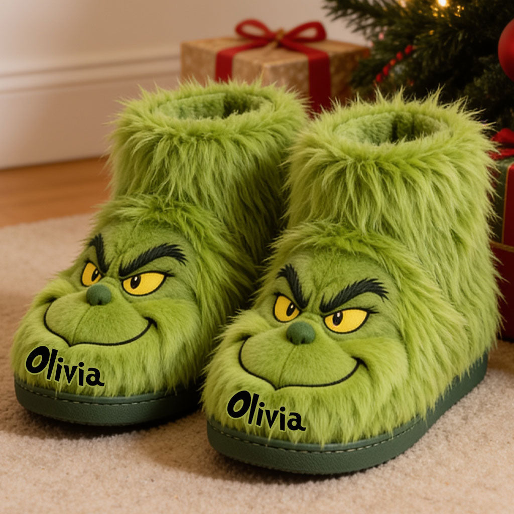 Merry Grinchmas - Personalized Stole Christmas Faux Fur Boot Slippers