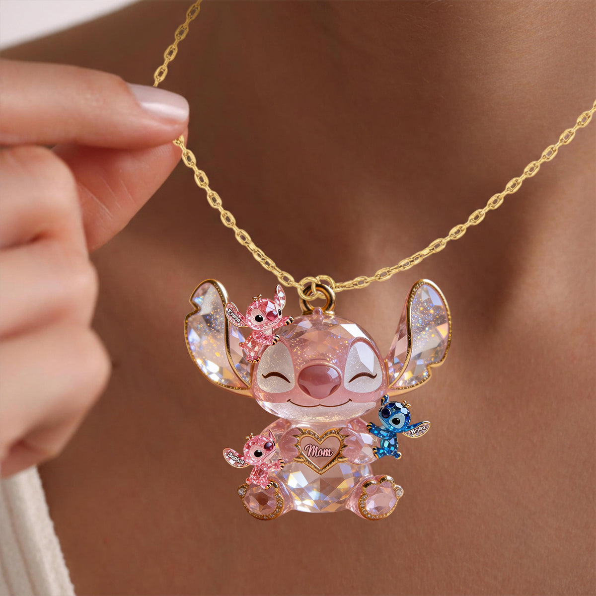Cute Sparkling Alien - Personalized Ohana Shaped Metal Pendant Necklace