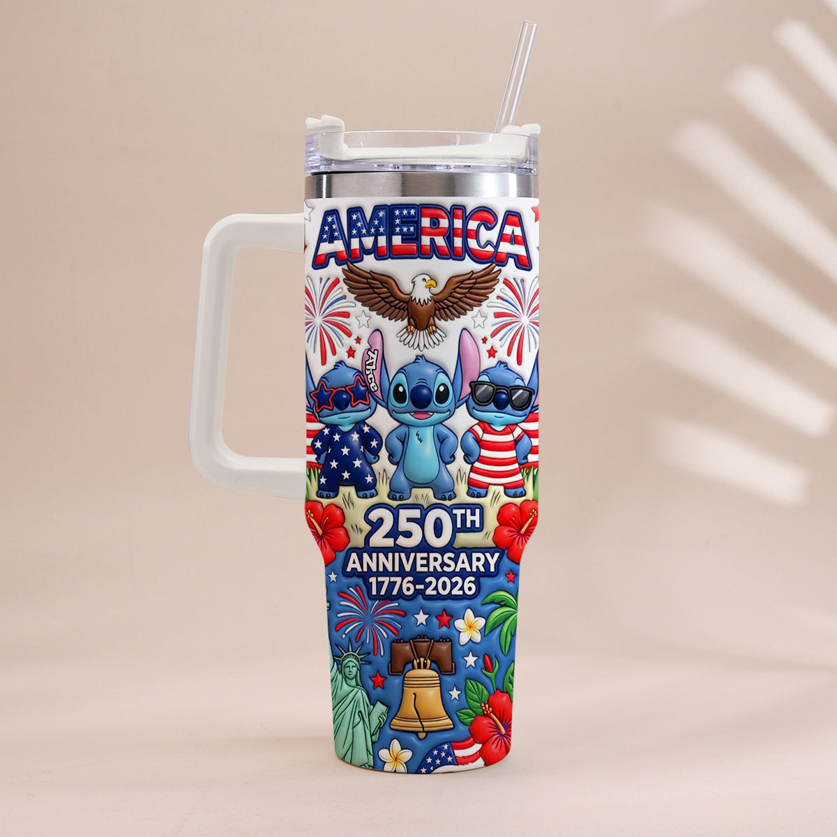 Cute Blue Alien USA 250th Anniversary - Personalized Ohana Tumbler With Handle