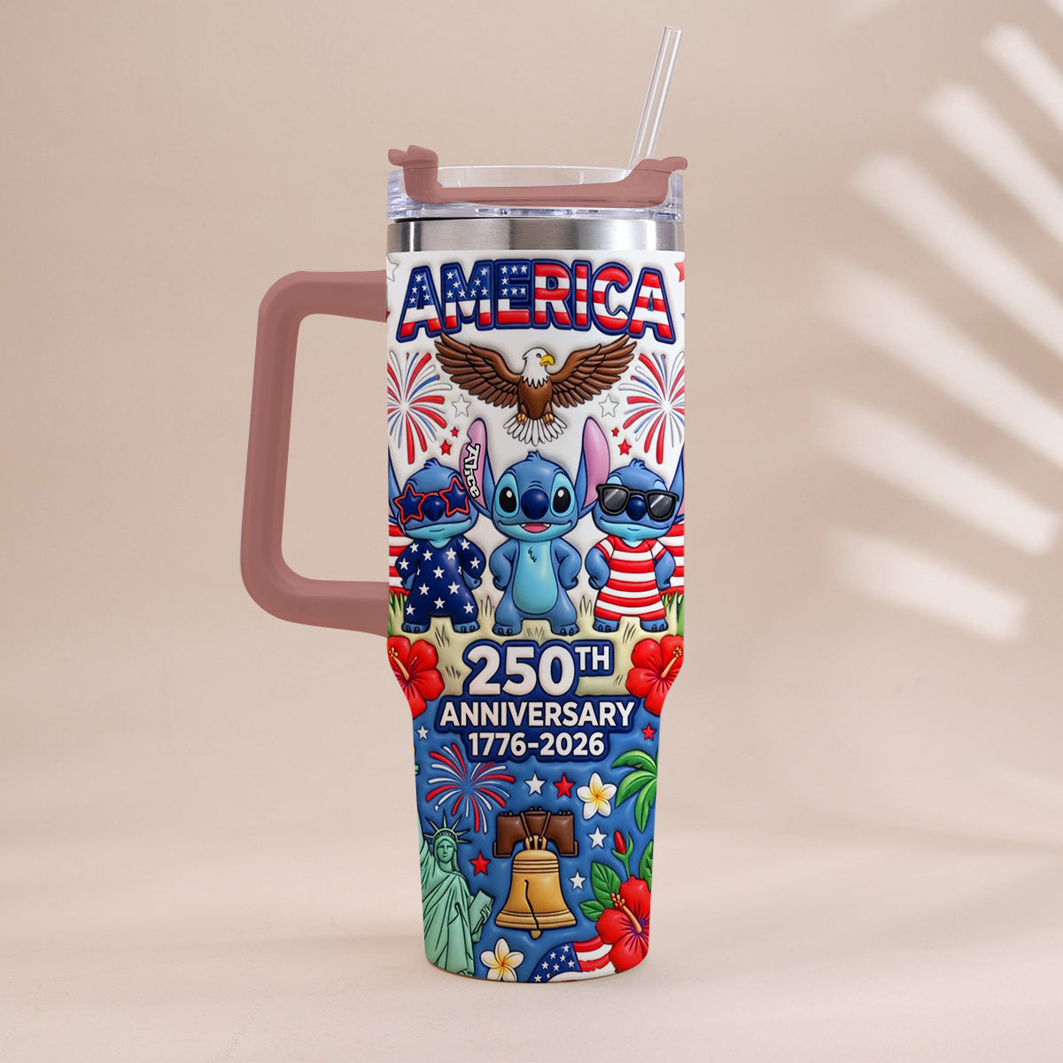 Cute Blue Alien USA 250th Anniversary - Personalized Ohana Tumbler With Handle