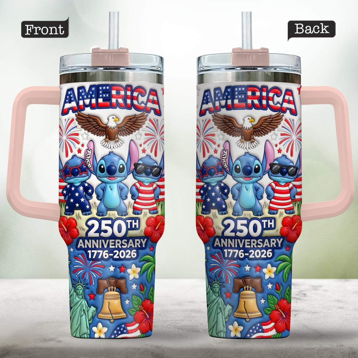 Cute Blue Alien USA 250th Anniversary - Personalized Ohana Tumbler With Handle