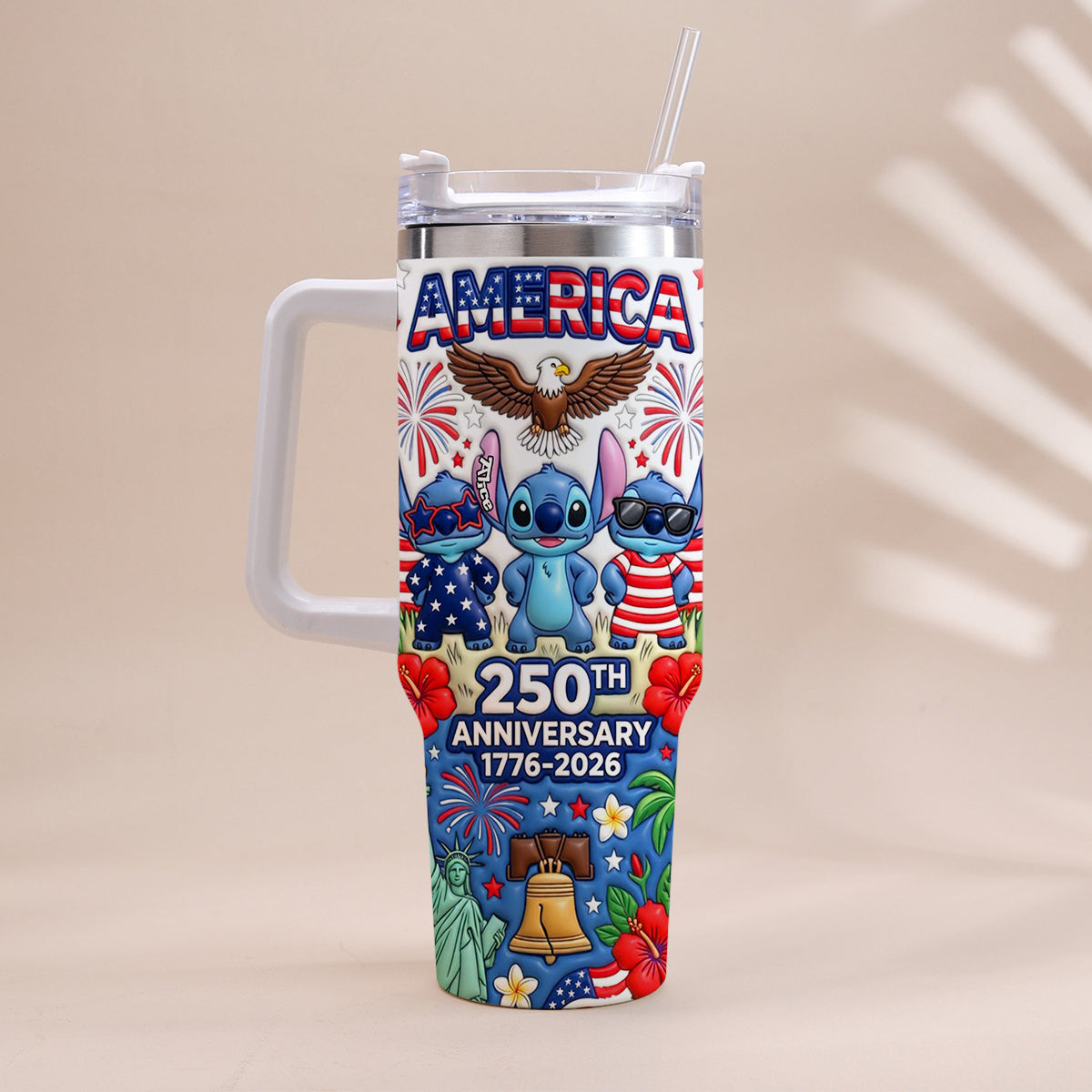 Cute Blue Alien USA 250th Anniversary - Personalized Ohana Tumbler With Handle