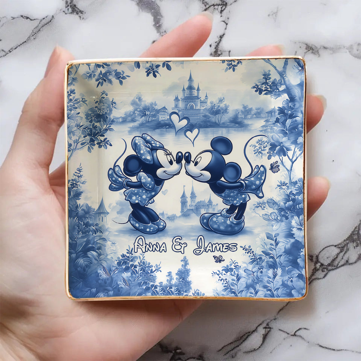 Classic Blue & White Ceramic Mouse Couple - Personalized Mouse Fully Printed Jewelry Dish