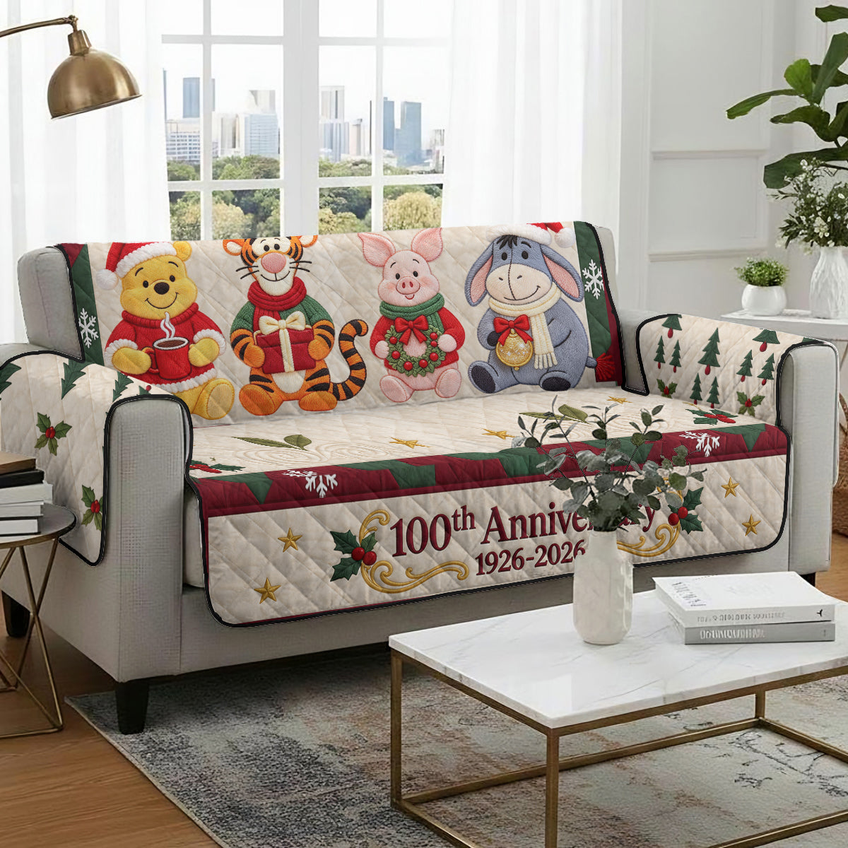 100th Anniversary Christmas Gift - Personalized Yellow Bear Quilted Sofa/Couch Cover