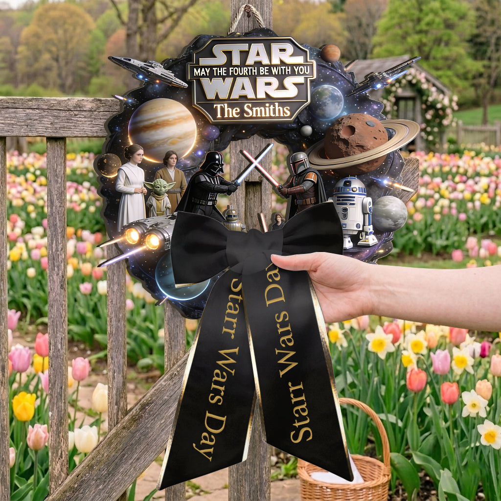 May The Fourth Be With You - Personalized The Force Shaped Wood Sign With Sash