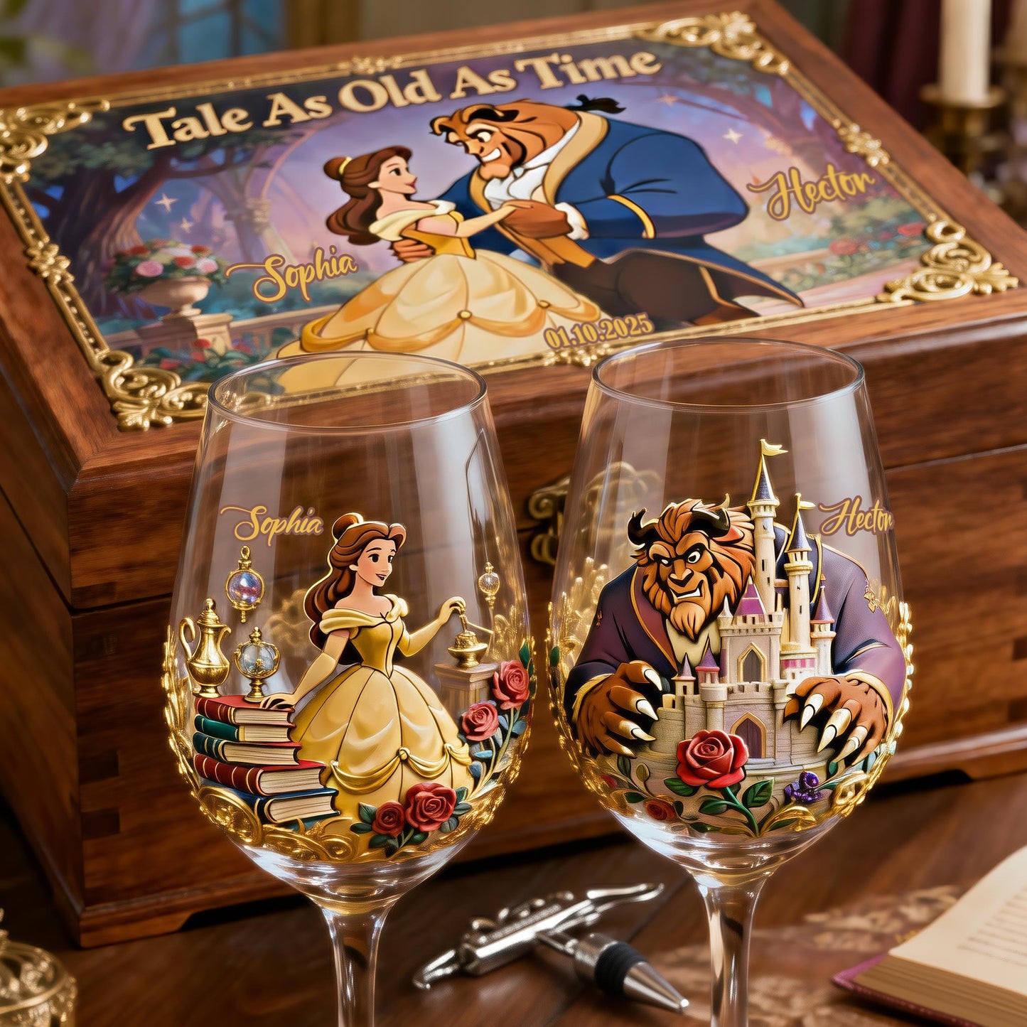 Tale As Old As Time - Personalized Beauty And The Beast Wine Glasses Set With Wooden Box