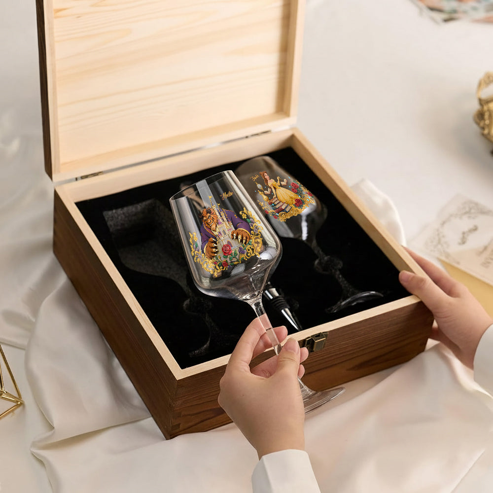 Tale As Old As Time - Personalized Beauty And The Beast Wine Glasses Set With Wooden Box