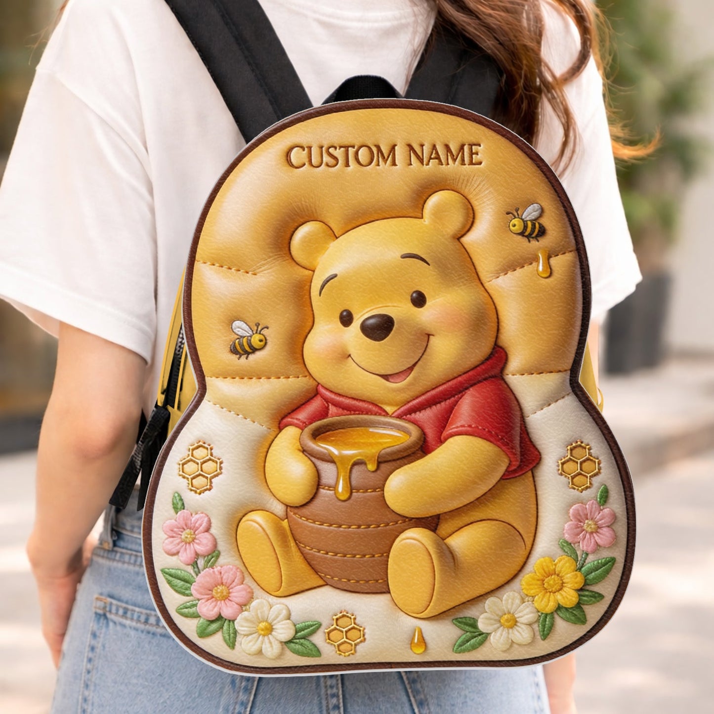 Bear, Honey And Flower - Personalized Yellow Bear Changeable Leather Patch Backpack