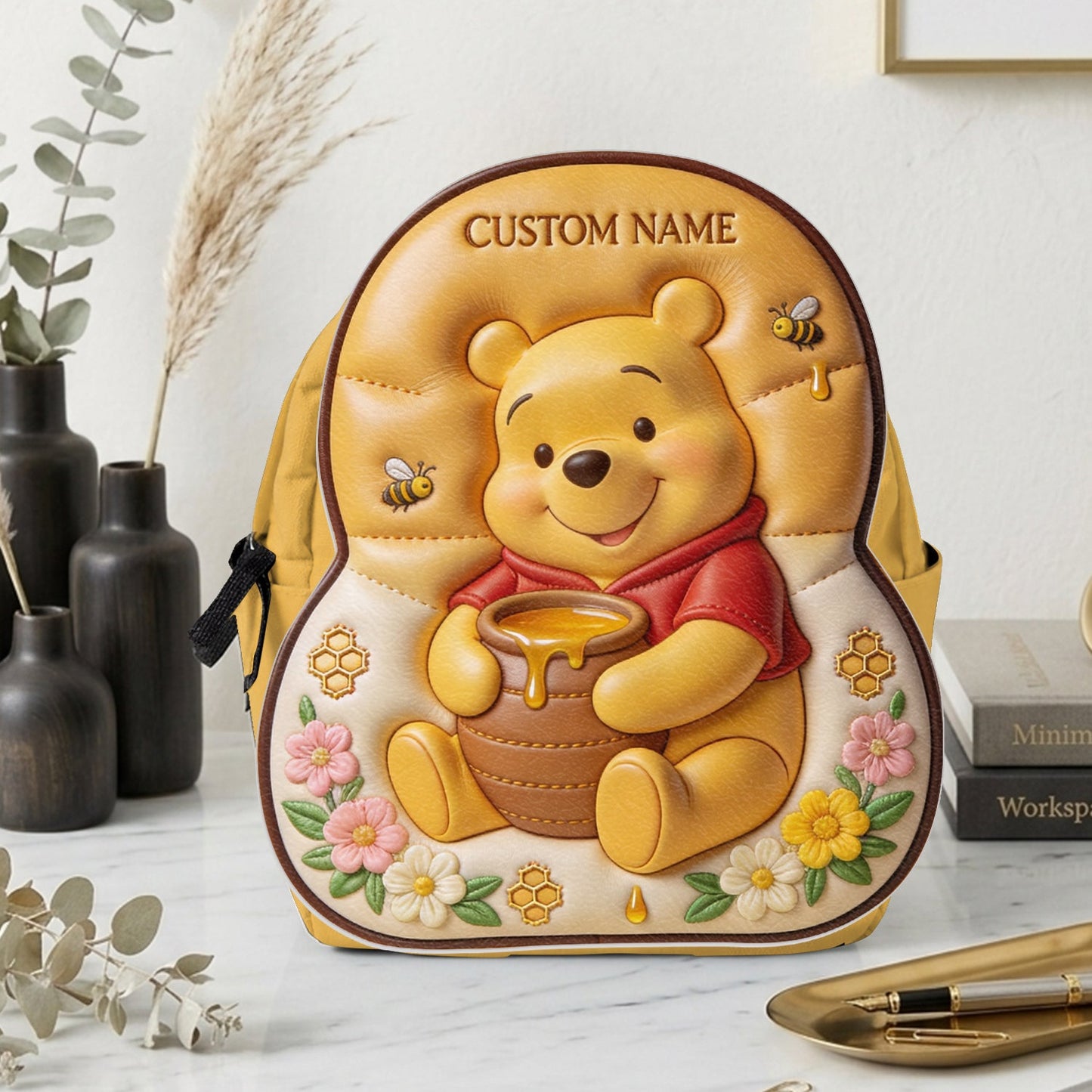 Bear, Honey And Flower - Personalized Yellow Bear Changeable Leather Patch Backpack